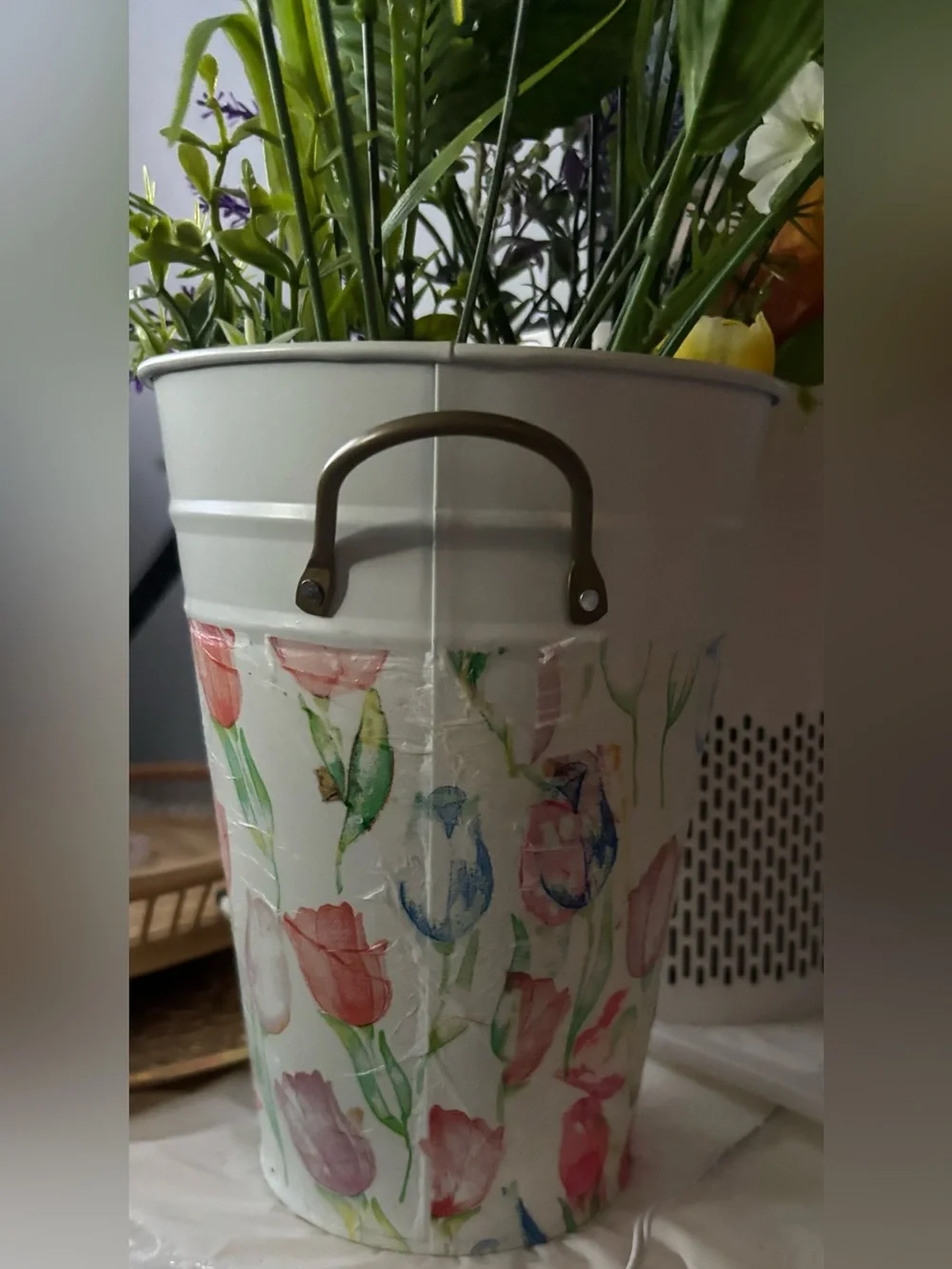 Floral Tulip covered Metal Vase - Home Accents 8.5”